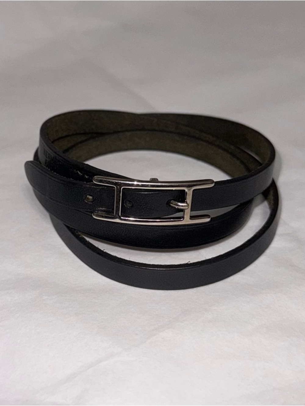 Hermès AUTHENTIC Silver & Black Leather Behapi Api Double Tour Bracelet - Picture 7 of 16